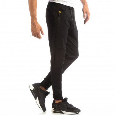 Pantaloni sport negri pentru bărbați cu detaliu galben it240818-92 2