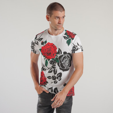 Tricou de bărbați alb cu imprimeu de trandafiri roșii tsf250518-23 2