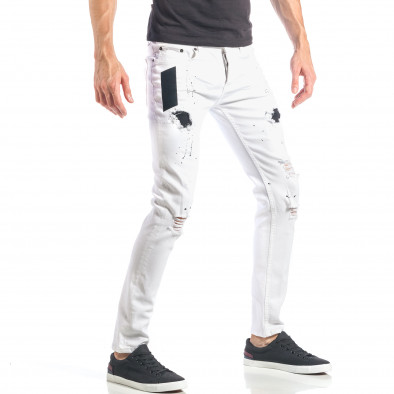 Blugi Slim fit de bărbați albi cu patch-uri și picaturi negri it040518-16 3