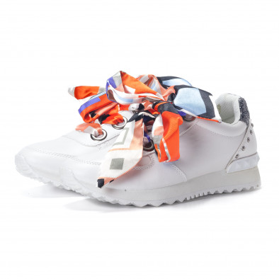 Pantofi sport albi de dama din piele ecologica cu șireturi din satin it240118-8 4
