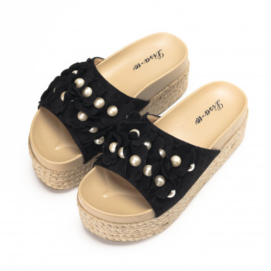 Papuci de dama negri cu platforma și perle it190618-18 3