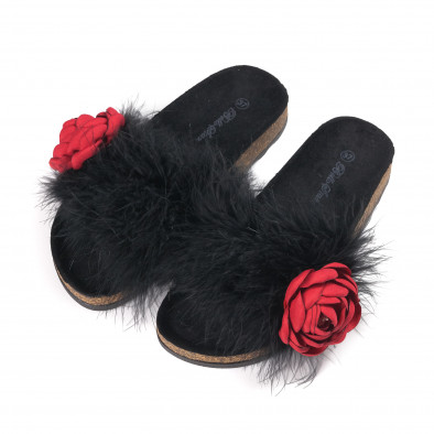 Papuci de dama negri cu puf și floare it010618-9 2
