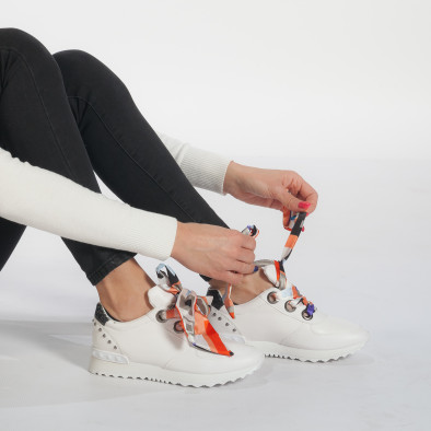 Pantofi sport albi de dama din piele ecologica cu șireturi din satin it240118-8 2