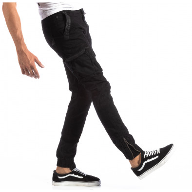 Pantaloni cargo negri de bărbați cu părți din piele it250918-9 2