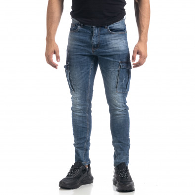 Cargo Jeans Slim fit de bărbați albaștri șifonați it071119-21 3