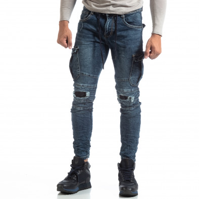 Cargo Jeans albaștri de bărbați stil rocker it170819-54 3