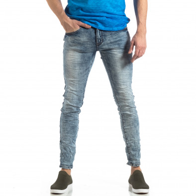 Washed Slim Jeans albaștri efect șifonat it210319-13 2