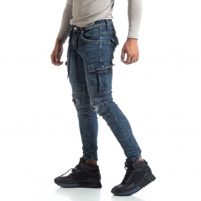 Cargo Jeans albaștri de bărbați stil rocker it170819-54 2