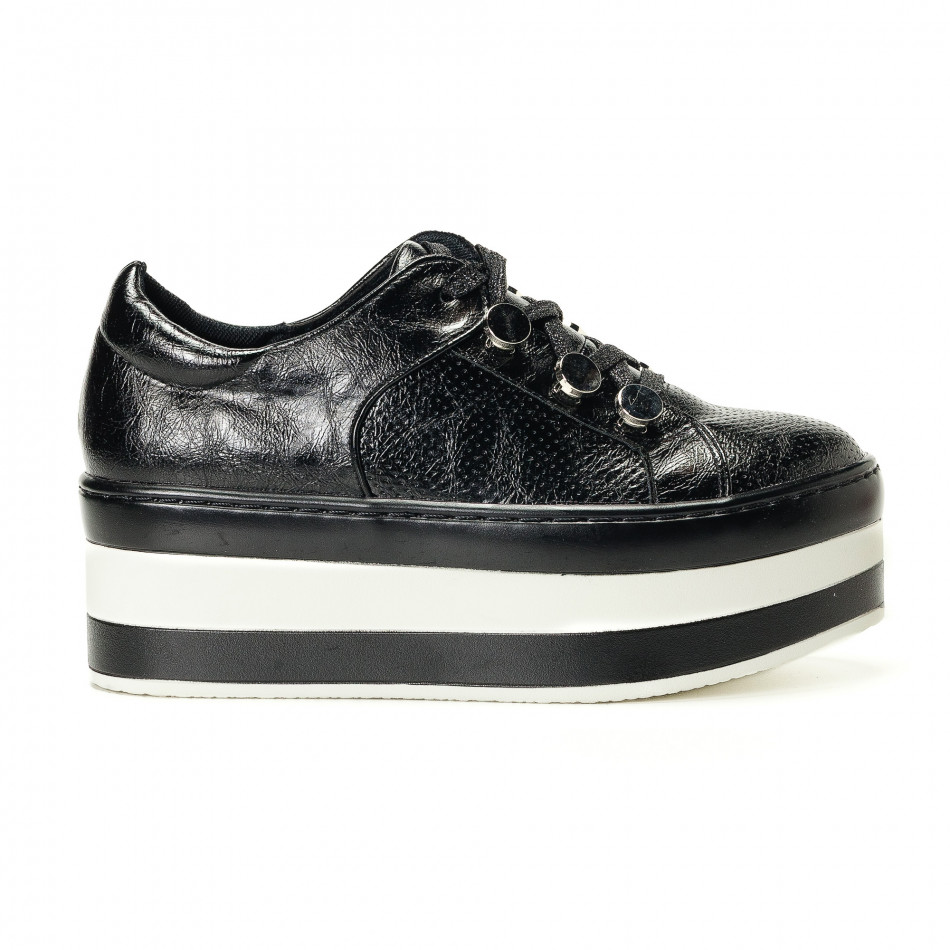 Pantofi sport negri de dama din piele ecologica cu platforma în negru-alb it240118-41