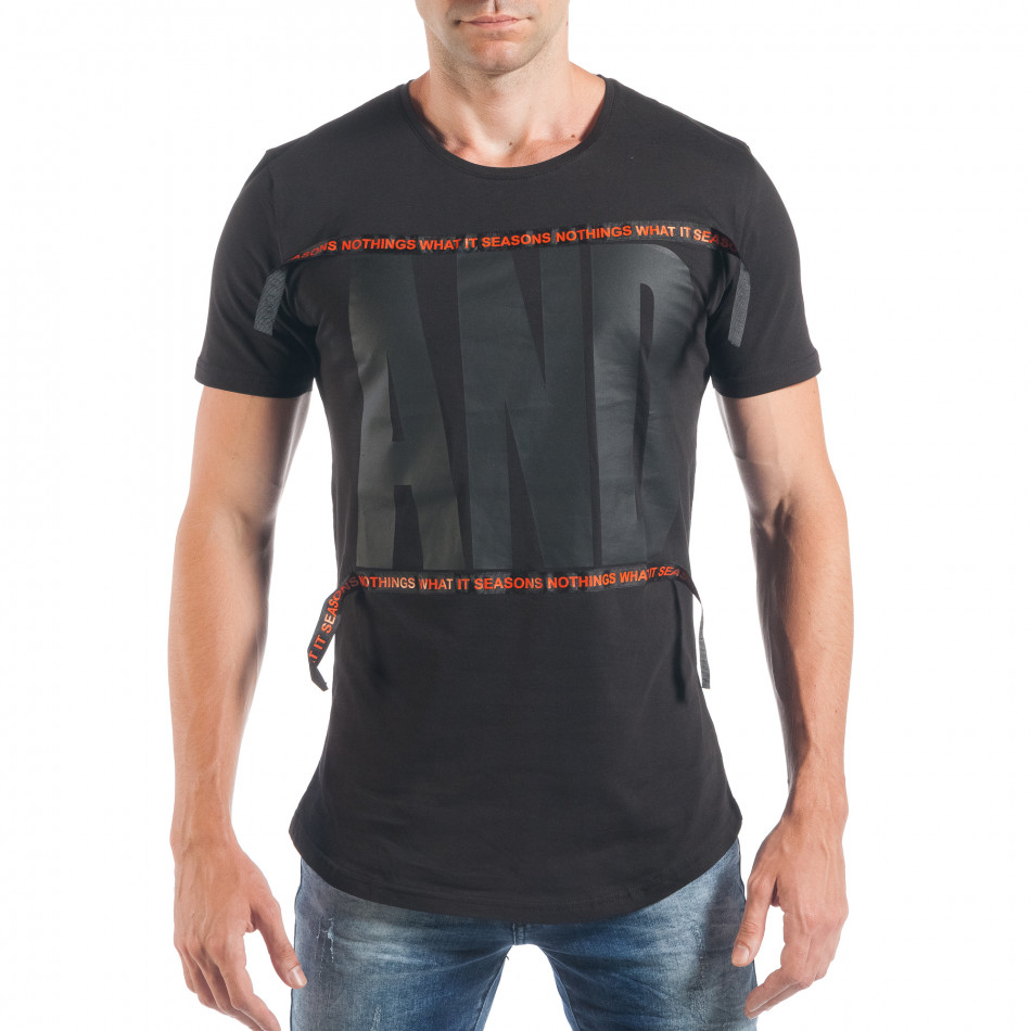Tricou de bărbați negru cu benzi cu inscripții tsf250518-30