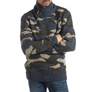 Pulover pentru bărbați în camuflaj albastru cu guler mare - FASHIONMIX.RO Pulover pentru bărbați în camuflaj albastru cu guler mare