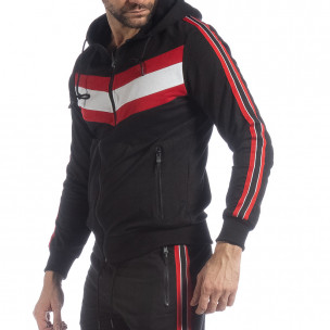 Hanorac pentru bărbați negru cu glugă și benzi - FASHIONMIX.RO Hanorac pentru bărbați negru cu glugă și benzi