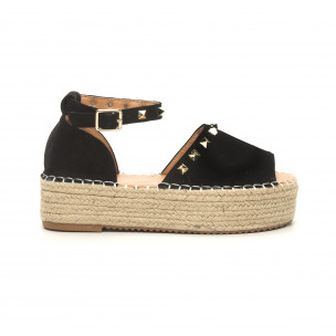 Sandale de dama negre cu capse tip espadrile - FASHIONMIX.RO Sandale de dama negre cu capse tip espadrile