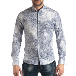 Cămașă de bărbați Slim fit în alb cu imprimeu Vintage - FASHIONMIX.RO Cămașă de bărbați Slim fit în alb cu imprimeu Vintage