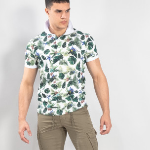 Tricou polo alb de bărbați motiv floral - FASHIONMIX.RO Tricou polo alb de bărbați motiv floral