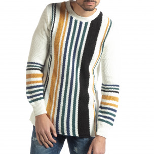 Pulover pentru bărbați alb cu dungi colorate - FASHIONMIX.RO Pulover pentru bărbați alb cu dungi colorate