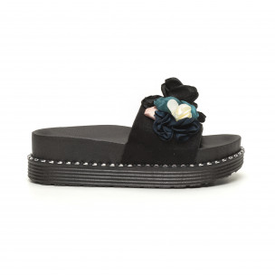 Papuci pentru dama negri cu flori - FASHIONMIX.RO Papuci pentru dama negri cu flori
