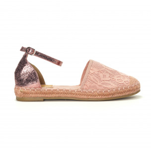 Espadrile de dama roz din dantela cu bareta - FASHIONMIX.RO Espadrile de dama roz din dantela cu bareta