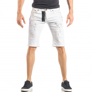 Blugi scurți de bărbați albi cu fermoar negru și picaturi - FASHIONMIX.RO Blugi scurți de bărbați albi cu fermoar negru și picaturi