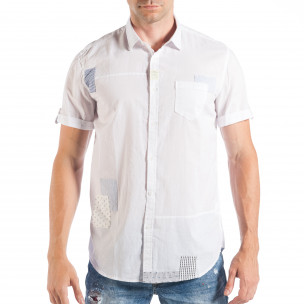Cămașă cu mânecă scurtă de bărbați albă cu patch-uri - FASHIONMIX.RO Cămașă cu mânecă scurtă de bărbați albă cu patch-uri