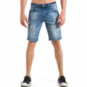 Blugi scurți de bărbați albaștri cu efect decolorat și rupturi - FASHIONMIX.RO Blugi scurți de bărbați albaștri cu efect decolorat și rupturi