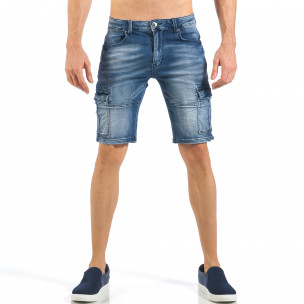 Blugi cargo scurți de bărbați albaștri cu efect de catifea - FASHIONMIX.RO Blugi cargo scurți de bărbați albaștri cu efect de catifea