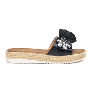 Papuci de dama negri cu floare și pietre - FASHIONMIX.RO Papuci de dama negri cu floare și pietre