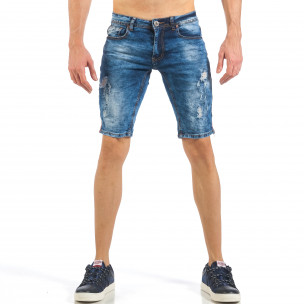 Blugi scurți de bărbați cu benzi în 3 culori în albastru închis - FASHIONMIX.RO Blugi scurți de bărbați cu benzi în 3 culori în albastru închis