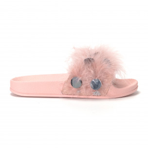 Papuci de dama roz cu puf și paiete - FASHIONMIX.RO Papuci de dama roz cu puf și paiete