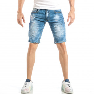 Blugi scurți Slim fit pentru bărbați albaștri cu picaturi colorate - FASHIONMIX.RO Blugi scurți Slim fit pentru bărbați albaștri cu picaturi colorate