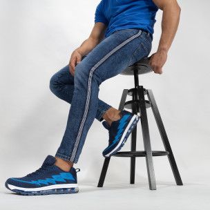 Blugi de bărbați Cropped albaștri cu benzi Slim fit - FASHIONMIX.RO Blugi de bărbați Cropped albaștri cu benzi Slim fit