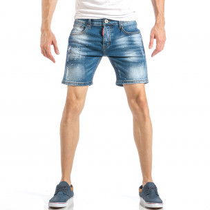 Blugi scurți de bărbați albaștri cu cusătură decorativă - FASHIONMIX.RO Blugi scurți de bărbați albaștri cu cusătură decorativă