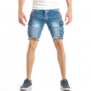 Blugi scurți pentru bărbați albaștri cu buzunare cargo - FASHIONMIX.RO Blugi scurți pentru bărbați albaștri cu buzunare cargo