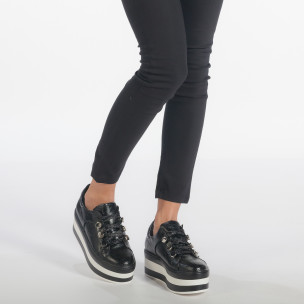 Pantofi sport negri de dama din piele ecologica cu platforma în negru-alb  2