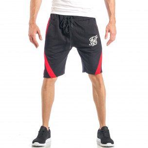 Pantaloni scurți pentru bărbați negri cu banda roșie - FASHIONMIX.RO Pantaloni scurți pentru bărbați negri cu banda roșie