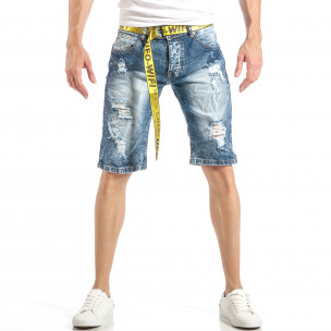 Blugi scurți de bărbați albaștri cu rupturi și curea - FASHIONMIX.RO Blugi scurți de bărbați albaștri cu rupturi și curea