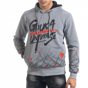 Hanorac hoodie de bărbați gri cu imprimeu - FASHIONMIX.RO Hanorac hoodie de bărbați gri cu imprimeu