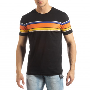 Tricou pentru bărbați negru cu dungi colorate - FASHIONMIX.RO Tricou pentru bărbați negru cu dungi colorate