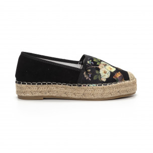Espadrile de dama din satin negru motiv floral - FASHIONMIX.RO Espadrile de dama din satin negru motiv floral