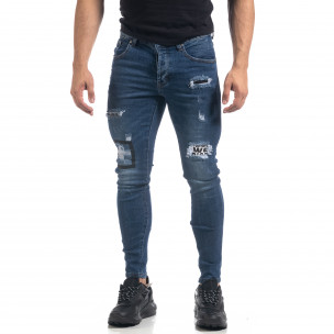 Blugi elastici de bărbați albaștri cu patch-uri - FASHIONMIX.RO Blugi elastici de bărbați albaștri cu patch-uri