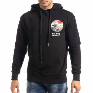 Hanorac negru din bumbac cu imprimeu pe spate - FASHIONMIX.RO Hanorac negru din bumbac cu imprimeu pe spate