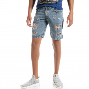 Blugi scurți bărbați Washed Destroyed albaștri - FASHIONMIX.RO Blugi scurți bărbați Washed Destroyed albaștri