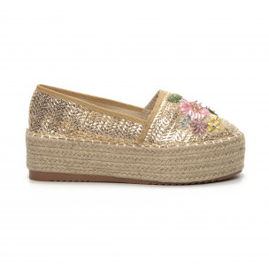Espadrile aurii de dama cu platforma și broderie - FASHIONMIX.RO Espadrile aurii de dama cu platforma și broderie
