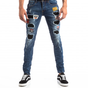 Slim Jeans albaștri cu aplicații și patch-uri pentru bărbați - FASHIONMIX.RO Slim Jeans albaștri cu aplicații și patch-uri pentru bărbați