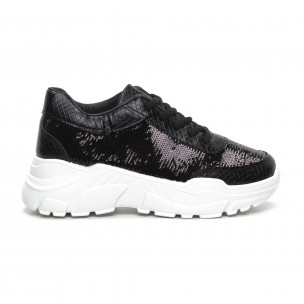 Pantofi sport Chunky de dama cu paiete negre - FASHIONMIX.RO Pantofi sport Chunky de dama cu paiete negre