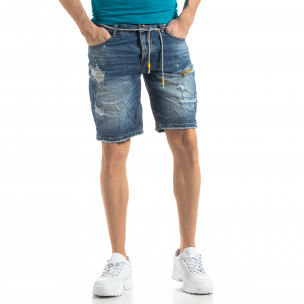 Blugi scurți albaștri pentru bărbați efect decolorat - FASHIONMIX.RO Blugi scurți albaștri pentru bărbați efect decolorat
