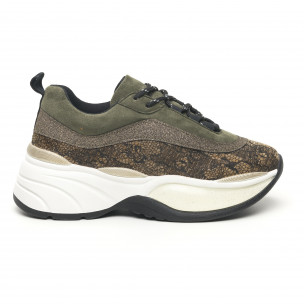 Pantofi sport voluminoși de dama în kaki și auriu - FASHIONMIX.RO Pantofi sport voluminoși de dama în kaki și auriu