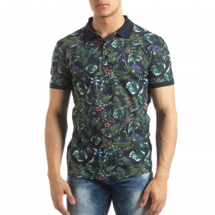 Tricou polo negru de bărbați motiv floral - FASHIONMIX.RO Tricou polo negru de bărbați motiv floral