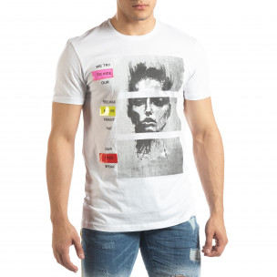Tricou alb pentru bărbați cu aplicații neon - FASHIONMIX.RO Tricou alb pentru bărbați cu aplicații neon