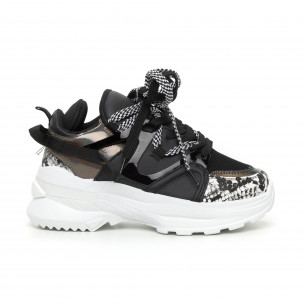 Pantofi sport de dama negri Chunky cu părți lăcuite - FASHIONMIX.RO Pantofi sport de dama negri Chunky cu părți lăcuite